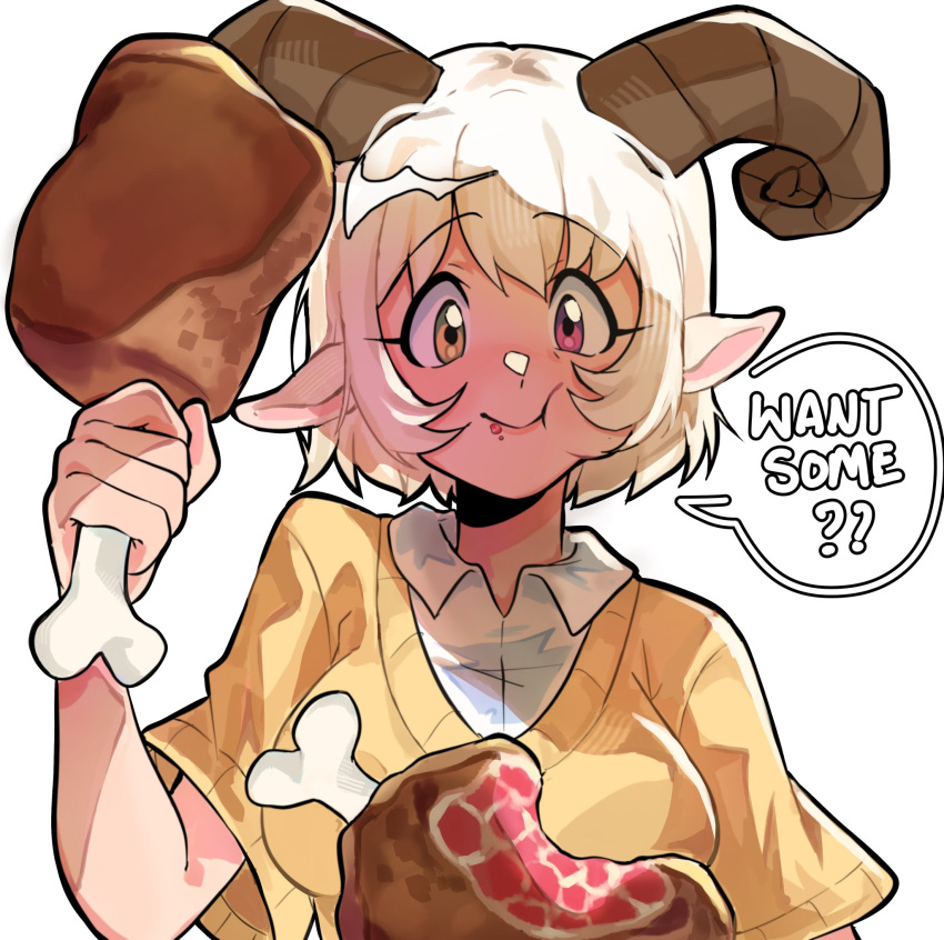 1girl animal_ears blush boned_meat breasts commentary curled_horns eating english_commentary english_text food food_in_mouth food_on_face goat_ears goat_girl goat_horns heterochromia highres holding holding_food horns meat medium_breasts original red_eyes short-sleeved_sweater short_hair short_sleeves solo sweater upper_body vmifishi yellow_eyes yellow_sweater