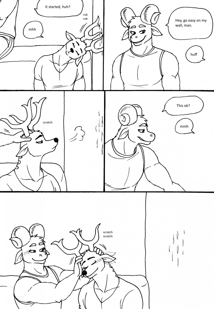 2023 5_fingers anthro antlers bernielover bernielover's_college_au blush bovid caprine clothed clothing comic deer devon_(bernielover) dialogue duo ear_twitch english_text eyes_closed fingers fur hi_res horn humanoid_hands male male/male mammal polo_shirt scratches scratching shirt smile speech_bubble t-shirt tank_top text topwear whitney_(bernielover)