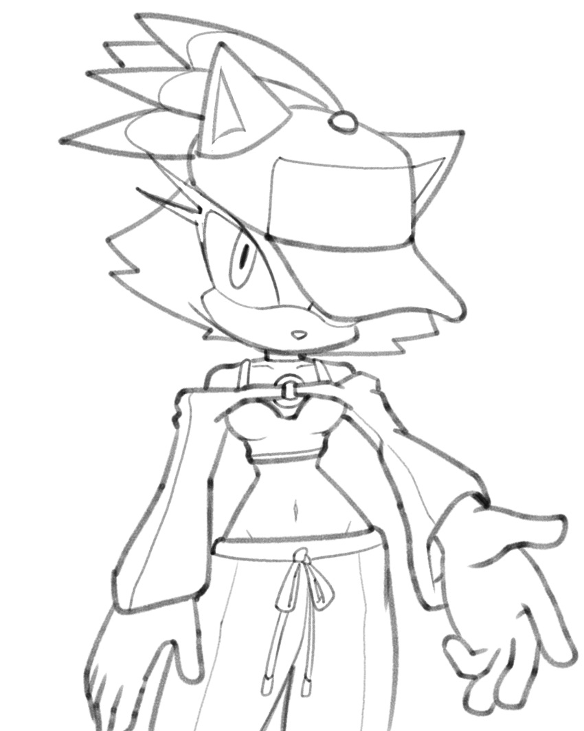 anthro blaze_the_cat bottomwear clothing crop_top domestic_cat felid feline felis female fixink fixstern_star hat headgear headwear hi_res line_art mammal navel pants sega shirt sleeves solo sonic_the_hedgehog_(series) topwear