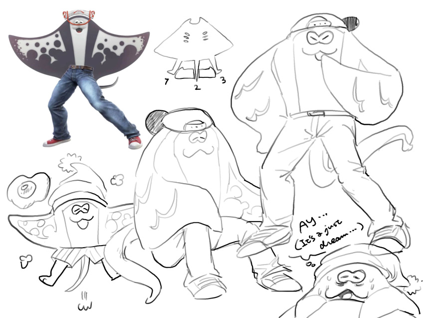 :3 anthro anthrofied backwards_baseball_cap backwards_hat baseball_cap batoid bedding big_man_(splatoon) blanket bottomwear boxers_(clothing) clothing denim denim_bottomwear denim_clothing dream fish hat headgear headwear hi_res humor jeans male manta_ray marine nightcap nintendo pants saba_subdup smile solo splatoon stingray underwear waking_up