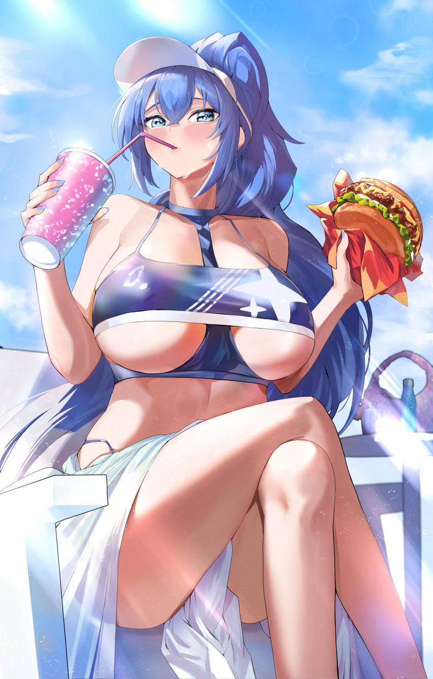 absurdres bikini blue_bikini blue_eyes blue_hair blue_sky blush breasts burger chair cloud covered_nipples crossed_legs cup curvy day drinking drinking_straw drinking_straw_in_mouth food hair_ornament highres holding holding_cup holding_food korean_commentary large_breasts long_hair looking_at_viewer mixed-language_commentary navel ocean original outdoors sarong shio05_(05_sio) sitting sky swimsuit thighs very_long_hair visor_cap white_sarong