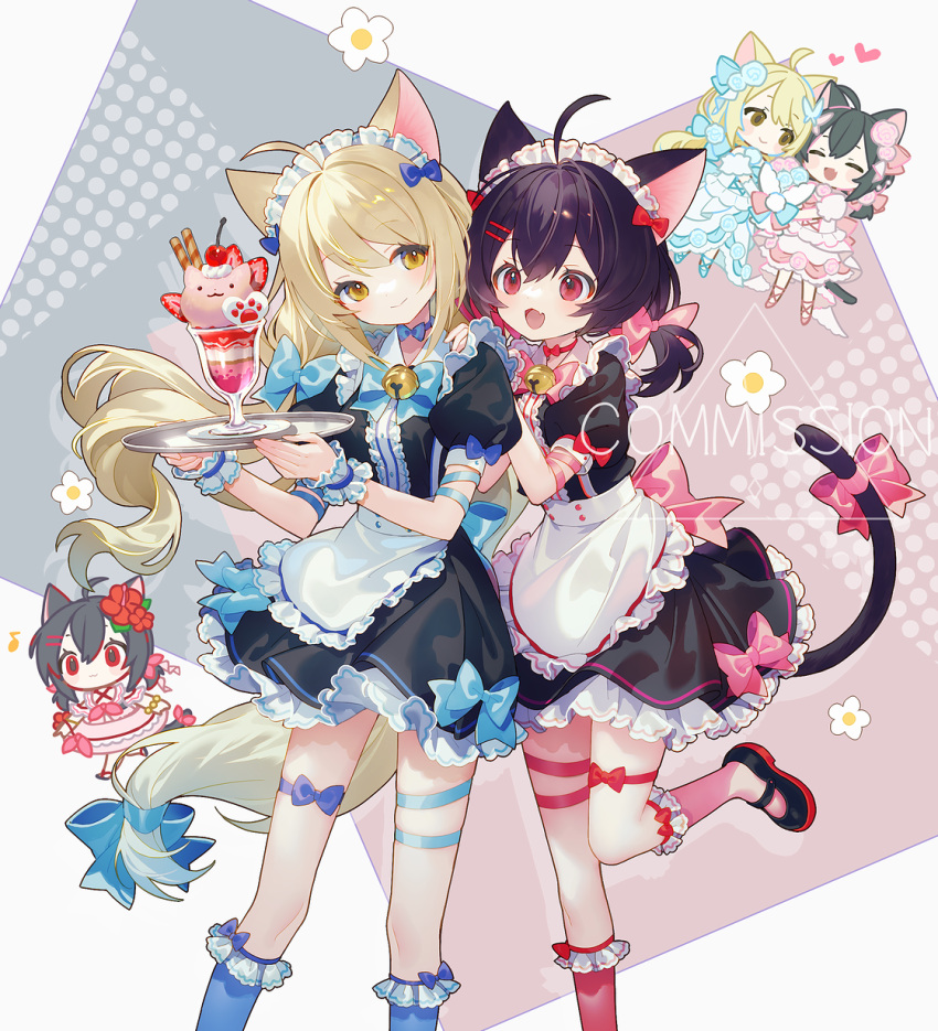2girls :d animal_ears apron bell black_dress black_footwear black_hair blonde_hair blue_bow blue_flower blue_rose blue_socks borrowed_character bow brown_eyes cat_ears cat_girl cat_tail chibi collared_dress commentary_request commission dress eighth_note fang floating_hair flower frilled_apron frilled_dress frilled_socks frills grey_background hair_between_eyes hair_bow hand_on_another's_head head_tilt heart highres jingle_bell kneehighs long_hair maid maid_headdress multicolored_hair multiple_girls multiple_views musical_note neck_bell original pink_bow pink_flower pink_rose pink_socks puffy_short_sleeves puffy_sleeves red_eyes red_hair rose shoes short_sleeves skeb_commission smile socks standing standing_on_one_leg tail two-tone_hair very_long_hair waist_apron watermark white_apron white_dress white_flower yamiko