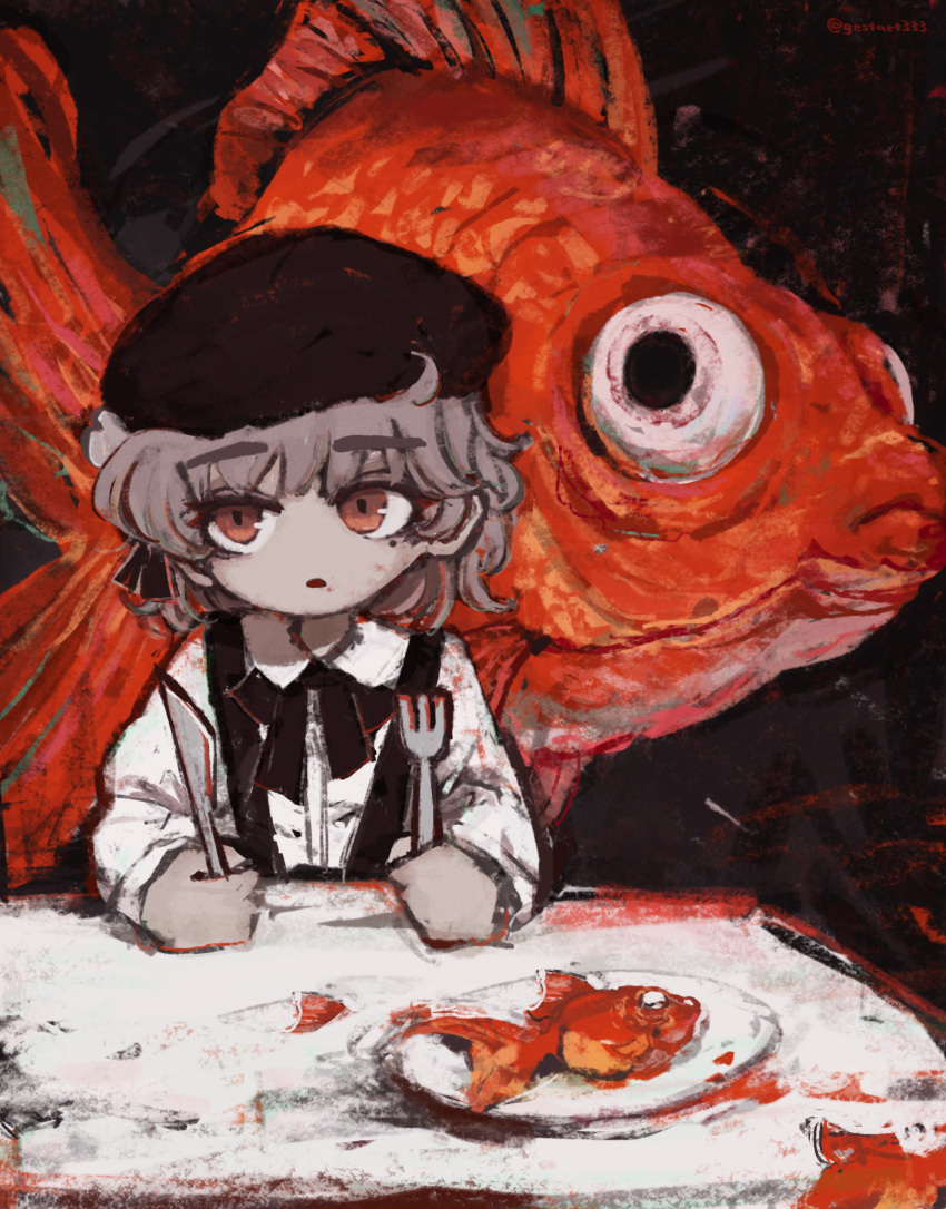1girl animal beret black_background black_headwear black_ribbon brown_hair collared_shirt commentary_request dated_commentary dress_shirt elbows_on_table fish flower fork gestart333 goldfish hair_flower hair_ornament hair_ribbon hat hatoba_tsugu highres holding holding_fork holding_knife holding_utensil knife long_sleeves looking_to_the_side medium_hair mole mole_under_eye neck_ribbon open_mouth orange_eyes oversized_animal painterly plate raised_eyebrows ribbon shirt sitting solo straight-on surreal suspenders table tablecloth tsugu_(vtuber) twitter_username upper_body virtual_youtuber white_flower white_shirt