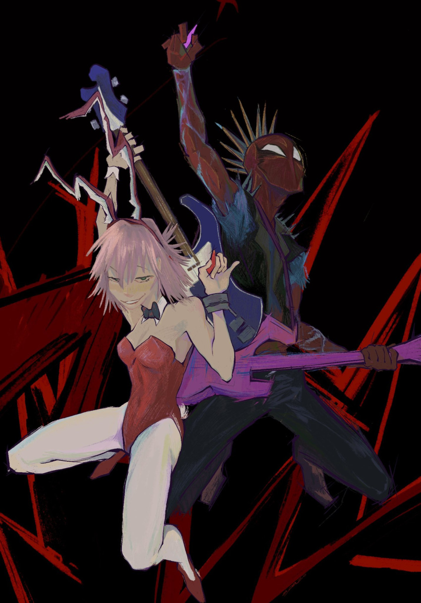 1boy 1girl animal_ears black_bow bow breasts crossover flcl guitar haruhara_haruko highres instrument leotard marvel pink_hair playboy_bunny rabbit_ears red_leotard simple_background spazo_9208 spider-man:_across_the_spider-verse spider-man_(series) spider-punk spider-verse spider_web_print superhero