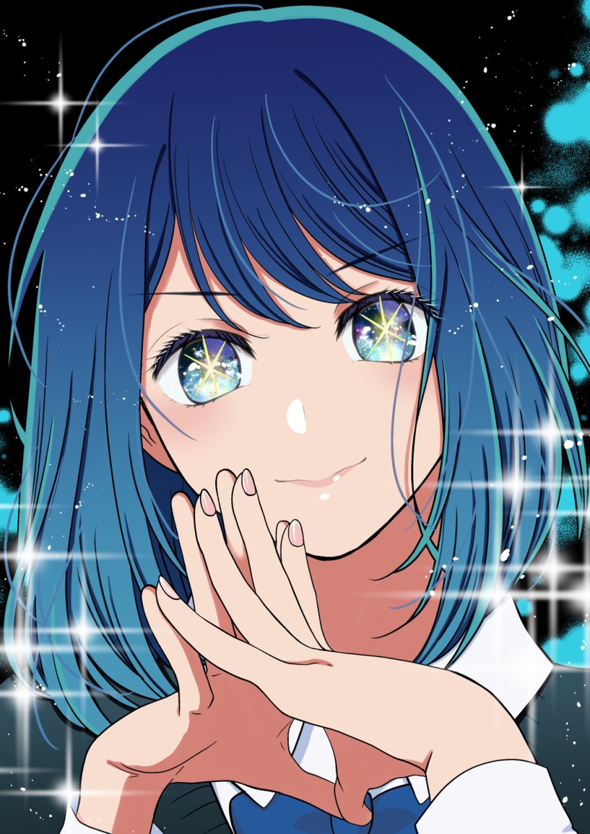 1girl black_background black_sweater_vest blue_eyes blue_hair blue_necktie closed_mouth commentary_request galaxy_blue gradient_hair highres kurokawa_akane light_blue_hair light_particles looking_at_viewer medium_hair multicolored_hair necktie oshi_no_ko smile solo sparkle star-shaped_pupils star_(symbol) steepled_fingers sweater_vest swept_bangs symbol-shaped_pupils upper_body variant_set
