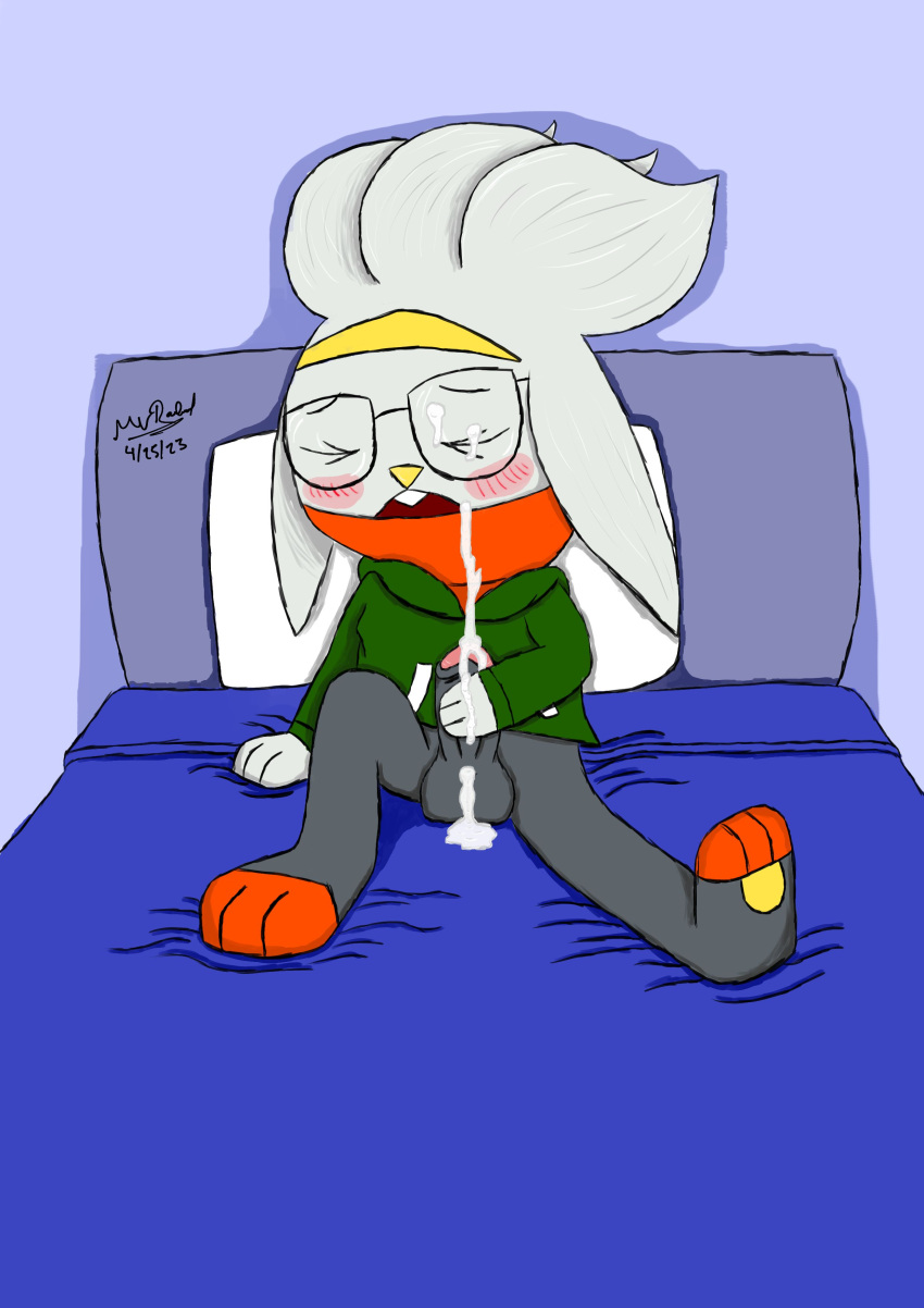 absurd_res anthro bed bed_covers bedding bedroom blush bodily_fluids clothing cum cum_drip cum_on_face cumshot cumshot_on_face dripping ejaculation eyes_closed eyewear furniture generation_8_pokemon genital_fluids genitals glasses hi_res hoodie lagomorph leporid male mammal masturbation mrraboot nintendo open_mouth outerwear penis pokemon pokemon_(species) presenting presenting_balls presenting_penis rabbit raboot shaded simple_background simple_shading solo topwear