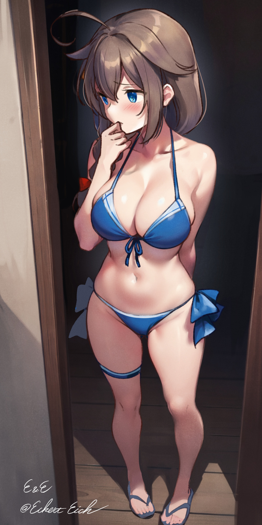 1girl absurdres ahoge bikini blue_bikini blue_eyes braid breasts cleavage collarbone eckert&amp;eich full_body hair_flaps hair_over_shoulder highres kantai_collection large_breasts legs long_hair navel ribbon shigure_(kancolle) shigure_kai_san_(kancolle) single_braid solo stomach swimsuit thighs