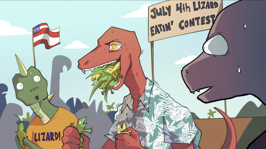 aloha_shirt ambiguous_gender anthro bald bodily_fluids clawed_fingers claws clothing colored dinosaur drawfee drawfee_(copyright) eating english_text extreme_size_difference fangs feral green_body group hi_res horn karina_farek lizard nervous nervous_smile open_mouth pattern_clothing pattern_shirt pattern_topwear red_body reptile scalie shaded sharp_teeth shirt sign size_difference smile soft_vore stars_and_stripes sweat t-shirt tail teeth text topwear united_states_of_america vore