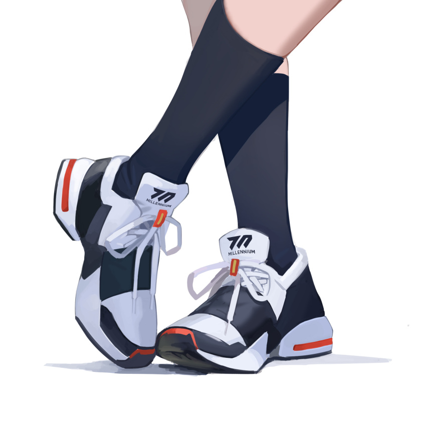 1girl black_socks blue_archive chinese_commentary close-up commentary cross-laced_footwear crossed_legs footwear_focus highres kneehighs legs maki_(blue_archive) making-of_available shadow shoelaces shoes simple_background sneakers socks solo white_background