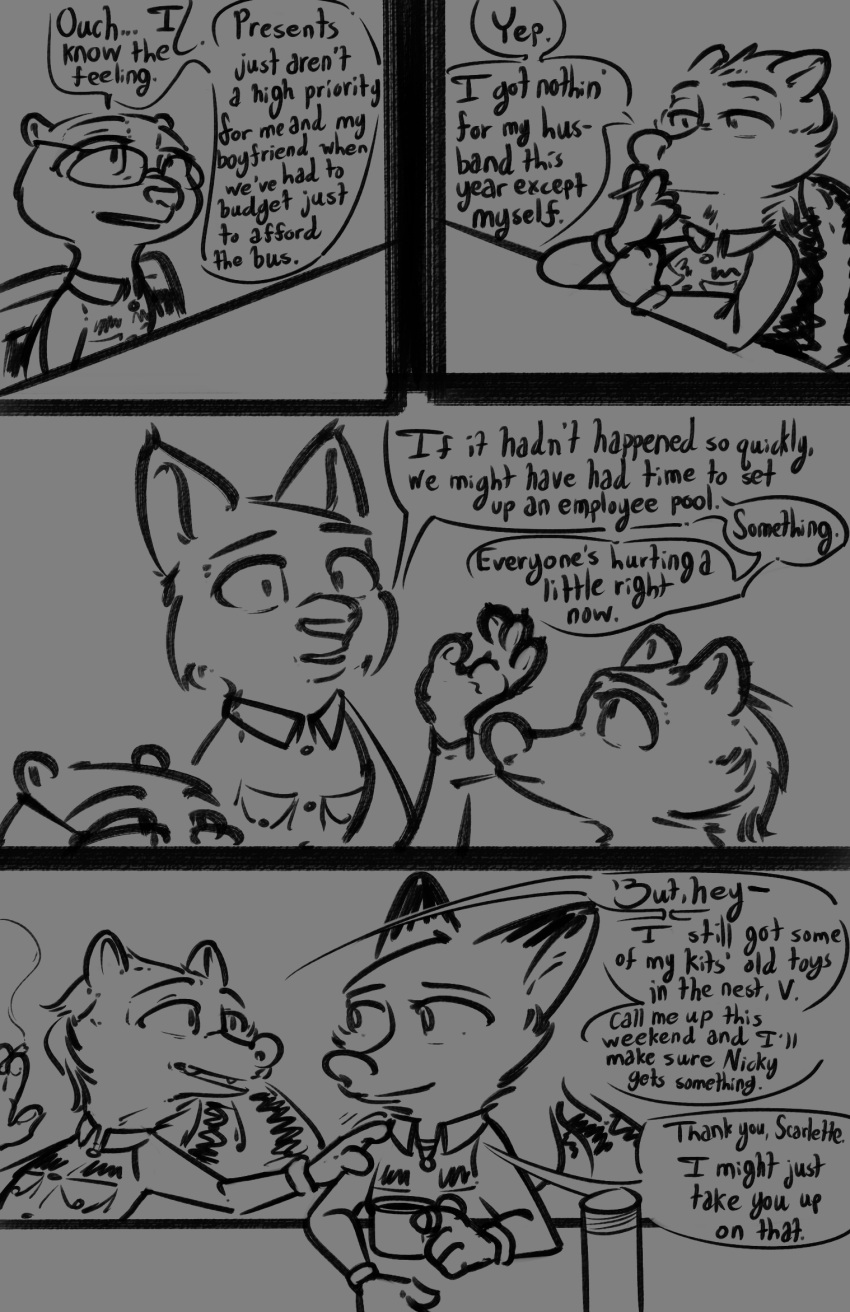 2022 anthro canid canine chair cigarette cigarette_in_mouth clothing comic dialogue disney felid feline female fox furniture group hand_on_shoulder hi_res lynx mammal mephitid monochrome mrs._wilde mustelid object_in_mouth otter red_fox simple_background skunk speech_bubble table tangerine_(artist) uniform zootopia