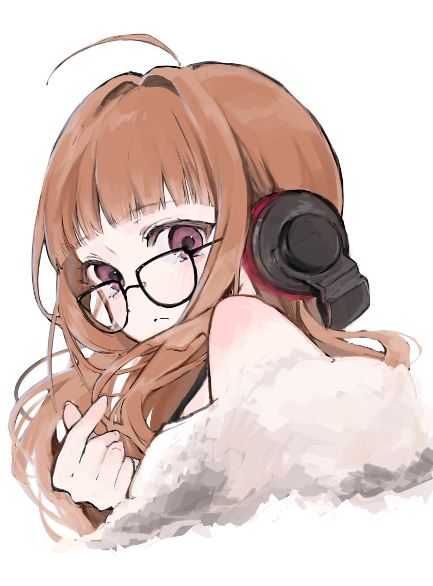 1girl ahoge bare_shoulders black-framed_eyewear blunt_bangs brown_hair closed_mouth finger_heart fur_trim glasses headphones highres iq033 long_hair looking_at_viewer looking_over_eyewear persona persona_5 portrait purple_eyes sakura_futaba simple_background solo white_background