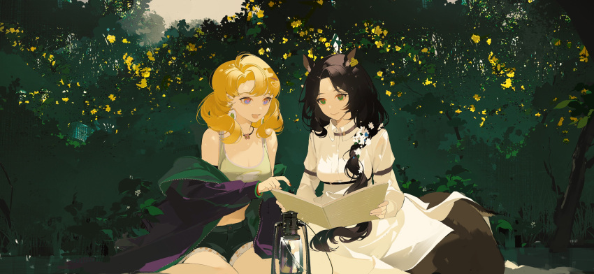 2girls :d absurdres animal_ears arm_belt bare_shoulders belt black_hair black_jacket blonde_hair blonney book breasts brown_belt bush centauroid changeling_(reverse:1999) chongzhen_085 cleavage closed_mouth collared_shirt deer_ears deer_girl ear_tag feet_out_of_frame flower forest green_eyes green_sports_bra hair_flower hair_ornament hair_over_shoulder highres holding holding_book jacket lamp large_breasts long_hair looking_down low_ponytail medium_hair midriff multiple_girls nature off_shoulder open_book outdoors parted_bangs pointing purple_eyes reading red_nails reverse:1999 shirt short_shorts shorts sitting smile sports_bra taur underboob wariza white_flower white_shirt yellow_flower