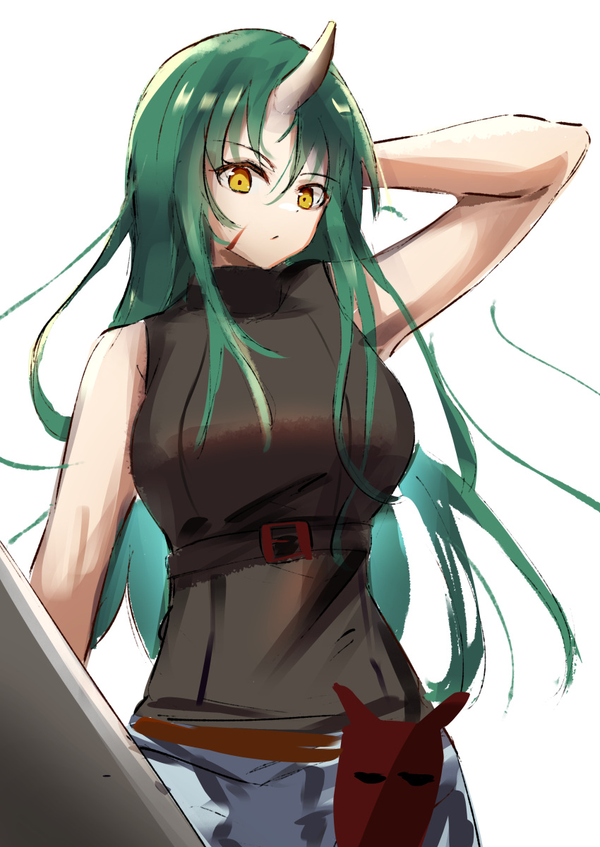 1girl absurdres arknights arm_behind_head black_sweater blue_pants breasts commentary demon_horns green_hair highres holding holding_shield horns hoshiguma_(arknights) hoshiguma_(ronin_huntress)_(arknights) large_breasts long_hair looking_at_viewer mask pants parted_lips riu_kawano shield simple_background single_horn sketch sleeveless sleeveless_sweater solo sweater white_background yellow_eyes