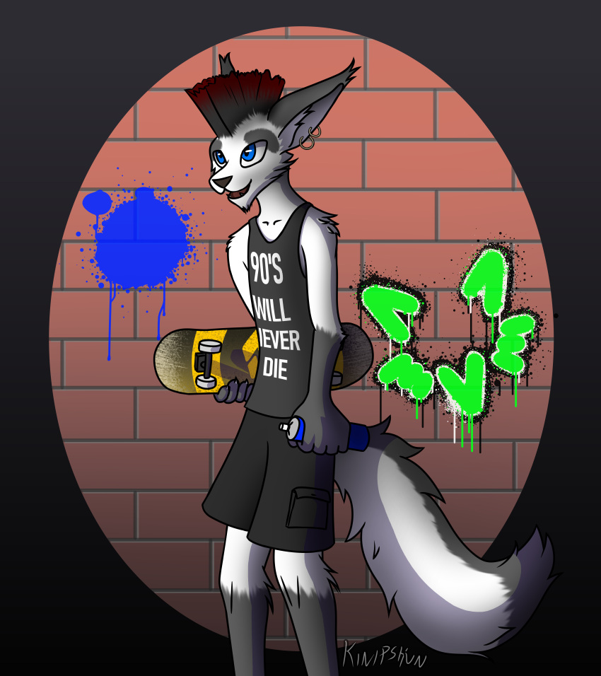 absurd_res anthro arctic_fox black_clothing blue_eyes bottomwear brick_wall calf_tuft canid canine cargo_shorts cheek_tuft clothed clothing collarbone dipstick_ears dipstick_tail ear_piercing ear_tuft facial_markings facial_tuft fox fur fur_markings gloves_(marking) graffiti hair head_markings hi_res highlights_(coloring) holding_object inner_ear_fluff kini kinipshun leg_markings male mammal marble_fox markings mohawk multicolored_ears paint piercing punk red_fox red_hair shirt shorts shoulder_tuft skateboard smile socks_(marking) solo spray_paint tail tail_markings tank_top topwear tuft wall_(structure) watermark white_body white_fur