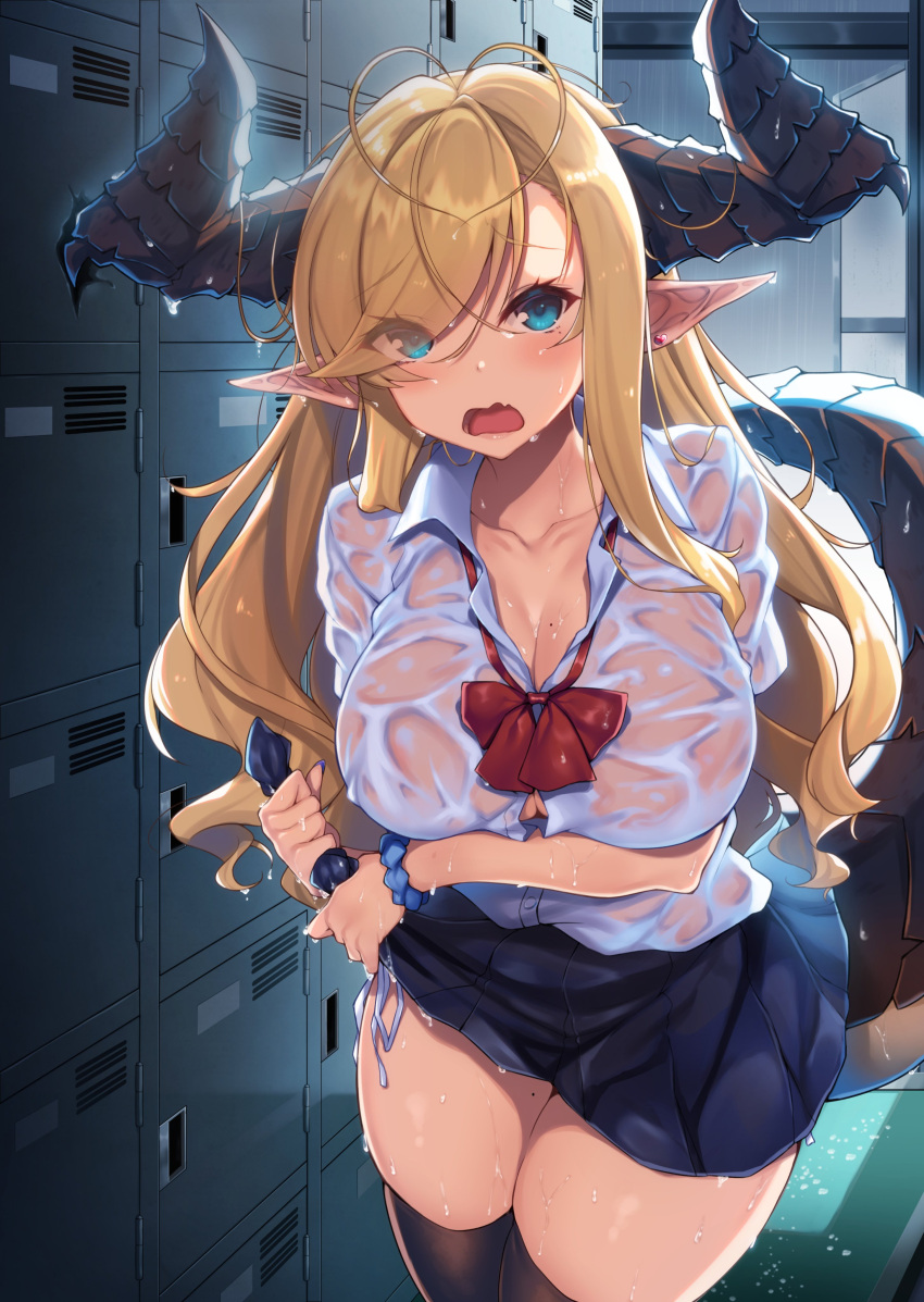 1girl absurdres antenna_hair bangs blonde_hair blue_eyes blue_skirt bow bowtie breasts cowboy_shot dragon_girl dragon_horns dragon_tail earrings eyes_visible_through_hair hair_over_one_eye heart_antenna_hair highres horns indoors jewelry large_breasts locker long_hair looking_at_viewer mole mole_on_thigh no_bra open_mouth original panty_straps pointy_ears raiou red_bow red_bowtie scrunchie see-through shirt short_sleeves skirt solo standing tail thighhighs very_long_hair wet wet_clothes wet_shirt white_shirt wringing_clothes wrist_scrunchie