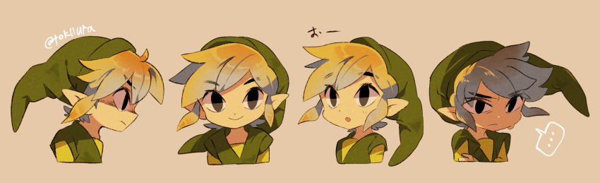... 1boy artist_request closed_mouth green_tunic hat highres link looking_at_viewer multiple_views pointy_ears short_hair simple_background spoken_ellipsis the_legend_of_zelda the_legend_of_zelda:_spirit_tracks the_legend_of_zelda:_the_wind_waker tokuura toon_link translation_request tunic