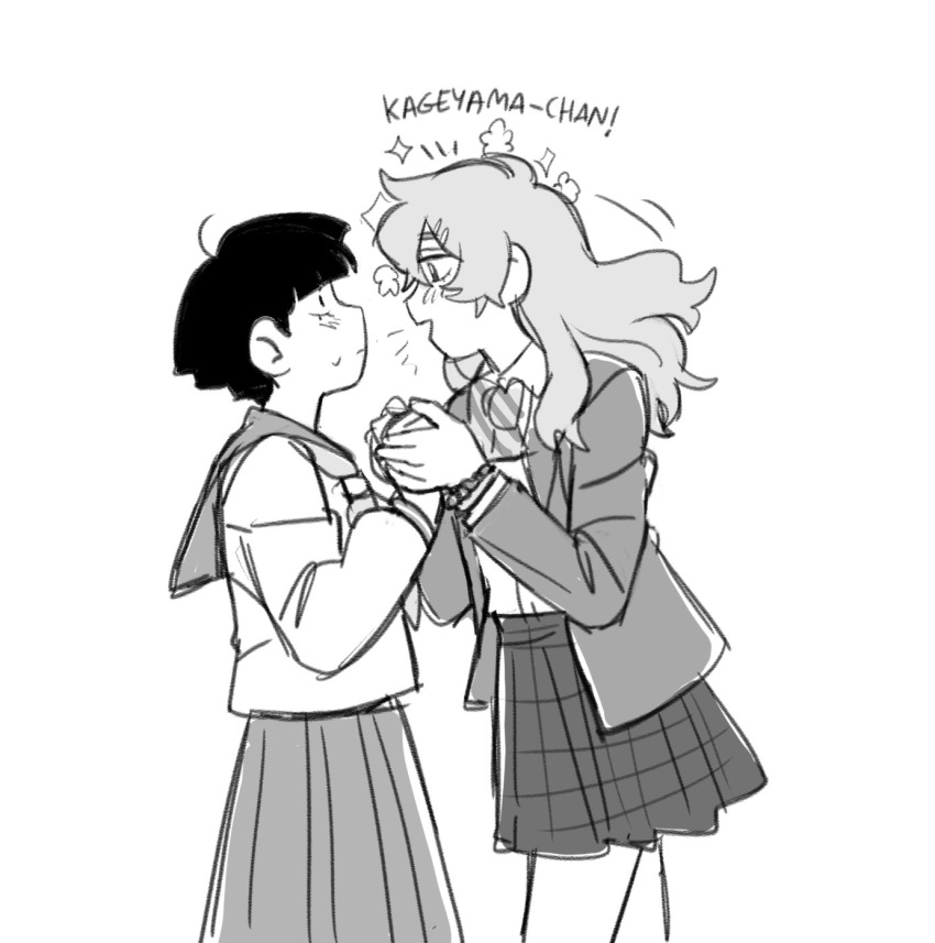 2girls blush closed_mouth commentary english_commentary genderswap genderswap_(mtf) greyscale hanazawa_teruki highres holding_hands kageyama_shigeo leunfer long_hair long_sleeves looking_at_another mob_psycho_100 monochrome multiple_girls open_mouth school_uniform serafuku short_hair simple_background skirt smile standing white_background yuri