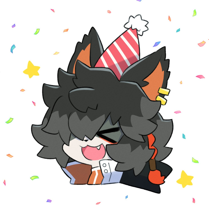 &gt;_&lt; 1boy :3 aak_(arknights) animal_ears arknights black_hair braid closed_eyes commentary confetti cropped_shoulders earrings eyeshadow fang furry furry_male hat highres jewelry makeup male_focus messy_hair mooootmt open_mouth party_hat profile red_eyeshadow red_hair short_hair side_braid simple_background smile solo star_(symbol) white_background