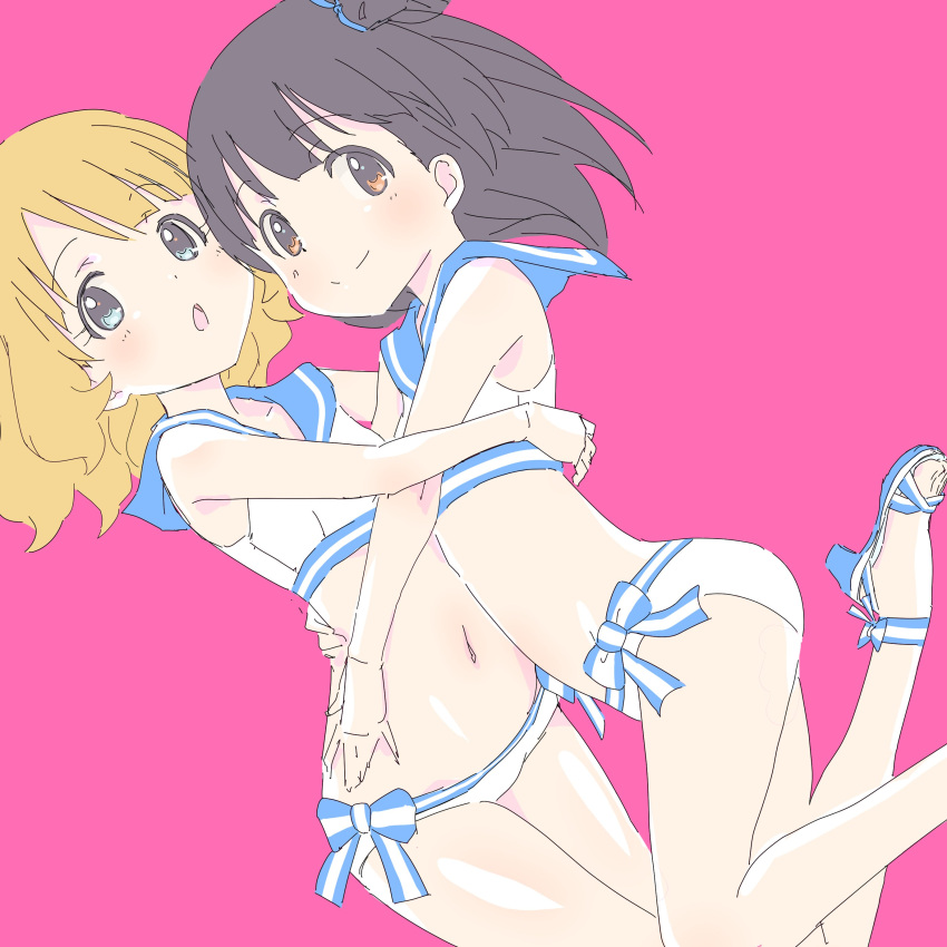 2girls absurdres bikini black_hair blonde_hair blue_eyes brown_eyes commentary_request dutch_angle face-to-face hand_on_another's_waist high_heels highres hug idolmaster idolmaster_million_live! legs_up looking_at_viewer multiple_girls nakatani_iku navel one_side_up open_mouth pink_background sailor_bikini sailor_collar sailor_swimsuit_(idolmaster) sandals short_hair simple_background sketch smile sumitomo suou_momoko swimsuit toes white_bikini