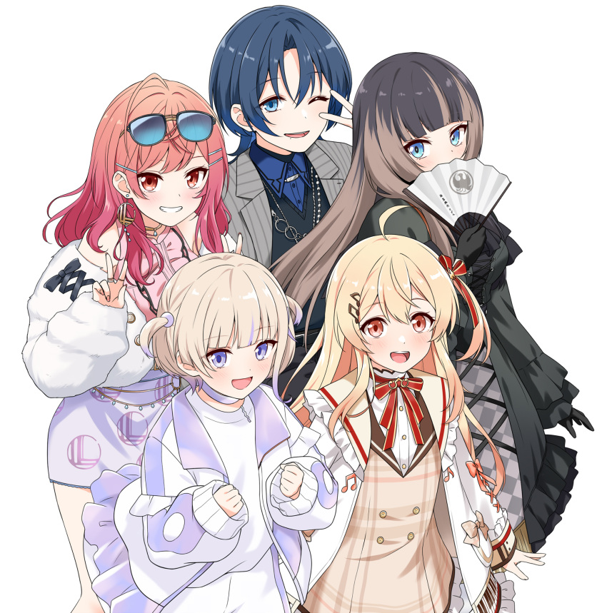 5girls ahoge androgynous bare_shoulders black_dress black_footwear black_gloves black_hair blonde_hair blue_eyes blue_hair blue_shirt blunt_bangs blush bow brown_dress brown_hair brown_sailor_collar center_frills chain_necklace checkered_clothes checkered_dress choker clenched_hands collared_jacket commentary covering_mouth cross-laced_clothes cross-laced_dress cross-laced_jacket double_w dress earrings eyewear_on_head fan_to_mouth felutiahime frilled_dress frills full_body fur-trimmed_jacket fur_trim gloves gradient_hair grey_jacket grin hair_between_eyes hair_ornament hairclip hand_fan hands_up highres hime_cut hiodoshi_ao holding holding_fan hololive hololive_dev_is ichijou_ririka iridescent jacket jewelry juufuutei_raden light_blush lolita_fashion long_hair long_sleeves looking_at_viewer medium_hair miniskirt mole mole_under_mouth multicolored_clothes multicolored_dress multicolored_hair multiple_girls musical_note musical_note_hair_ornament neck_ribbon necklace off_shoulder one_eye_closed one_side_up open_clothes open_jacket open_mouth otonose_kanade pants parted_bangs pink_hair pink_shirt plaid plaid_dress puffy_long_sleeves puffy_sleeves purple_eyes purple_hair purple_skirt red_eyes red_hair red_ribbon regloss_(hololive) reverse_trap ribbon sailor_collar shirt shirt_tucked_in shoes short_hair short_twintails shorts simple_background skirt sleeveless sleeveless_shirt sleeves_past_wrists smile solo standing streaked_hair striped striped_jacket sunglasses thighhighs thighs todoroki_hajime twintails two-tone_hair two_side_up upper_body v v_over_eye vertical-striped_jacket vertical_stripes virtual_youtuber w white_background white_footwear white_jacket white_shirt