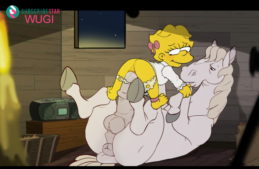 animal_genitalia animal_penis anus barefoot bestiality duo eliza_simpson_(the_color_yellow) equid equine equine_genitalia equine_penis feet female feral genitals happy hi_res horse human lisa_simpson male male/female mammal penis pink_bow smile the_simpsons wugi yellow_body young