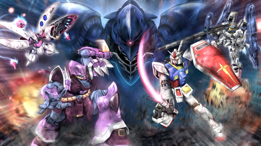 battle beam_saber commentary_request earth_federation efreet_schneid energy_cannon explosion flying g-defenser gundam gundam_mk_ii gundam_unicorn highres kagitsume kunai mecha mobile_armor mobile_suit mobile_suit_gundam no_humans one-eyed qubeley radio_antenna red_eyes robot roundel rx-78-2 science_fiction shamblo size_difference space super_gundam weapon yellow_eyes zeta_gundam