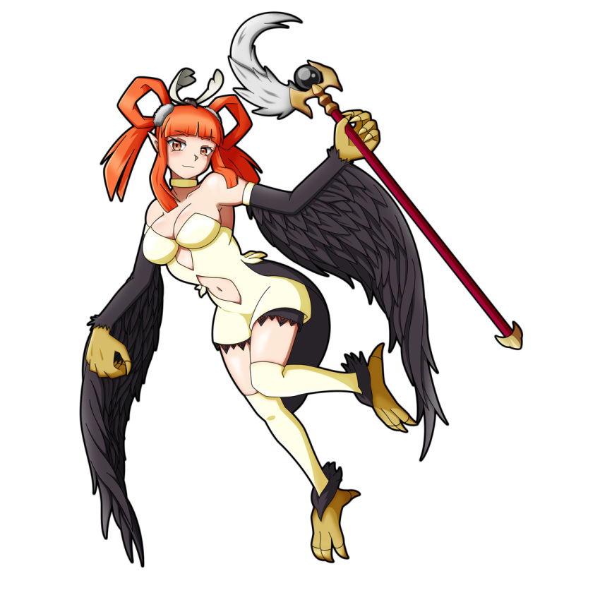1girl animal_hands bare_shoulders black_wings blush breasts claws clothing_cutout commentary_request duel_monster feathered_wings feathers hair_rings harpie_channeler harpy highres holding holding_staff large_breasts long_hair may_chan_0 monster_girl navel navel_cutout orange_eyes orange_hair pointy_ears simple_background solo staff talons thighhighs twintails white_background white_thighhighs winged_arms wings yu-gi-oh!