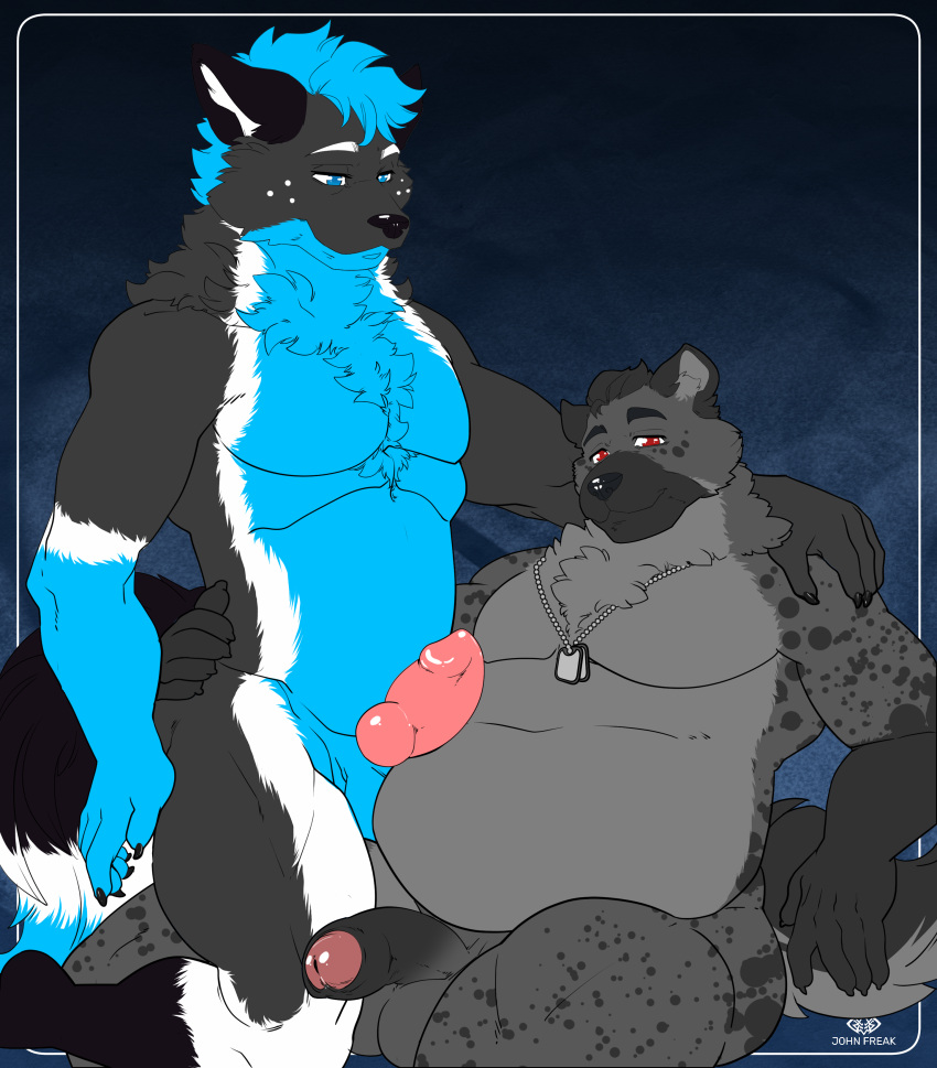 absurd_res anthro balls barazoku canid canine canis duo foreskin genitals hi_res hyena johnfreak knot male male/male mammal overweight overweight_male penis spotted_hyena wolf