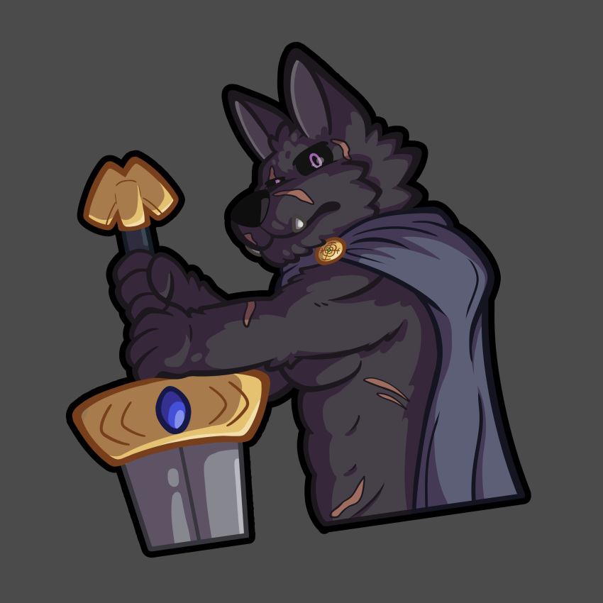 abs absurd_res animal_humanoid anthro blaidd_(elden_ring) canid canid_humanoid canine canine_humanoid canis cape cape_only cel_shading chin_tuft clothing ears_up elden_ring facial_tuft fangs fluffy fromsoftware fur grey_body grey_fur hi_res holding_object holding_weapon humanoid looking_at_viewer looking_back luhrak male mammal mammal_humanoid melee_weapon mostly_nude muscular neck_tuft purple_eyes scar scars_all_over shaded side_view solo sword teeth tuft unimpressed weapon wolf wolf_humanoid