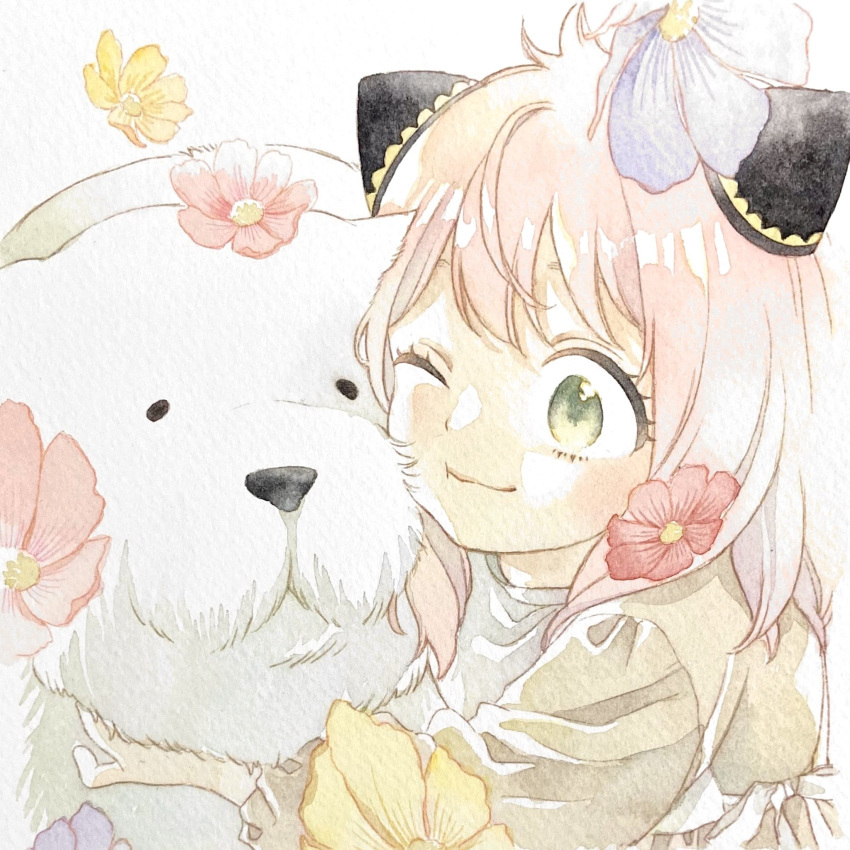 1girl anya_(spy_x_family) bearded_collie blue_flower blush bond_(spy_x_family) cone_hair_bun female_child flower green_eyes hair_bun hairpods highres hug long_sleeves medium_hair one_eye_closed pink_flower pink_hair spy_x_family traditional_media white_dog yellow_flower yuufuushi