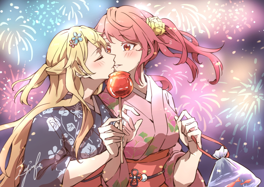 2girls aerial_fireworks aiiro_bokujuu bag bang_dream! black_kimono blonde_hair blush candy candy_apple fireworks fish floral_print_kimono flower food goldfish hair_flower hair_ornament hairclip highres holding holding_bag holding_candy holding_food imminent_kiss japanese_clothes kimono long_hair maruyama_aya multiple_girls orange_eyes pink_hair shirasagi_chisato side_ponytail summer_festival yuri