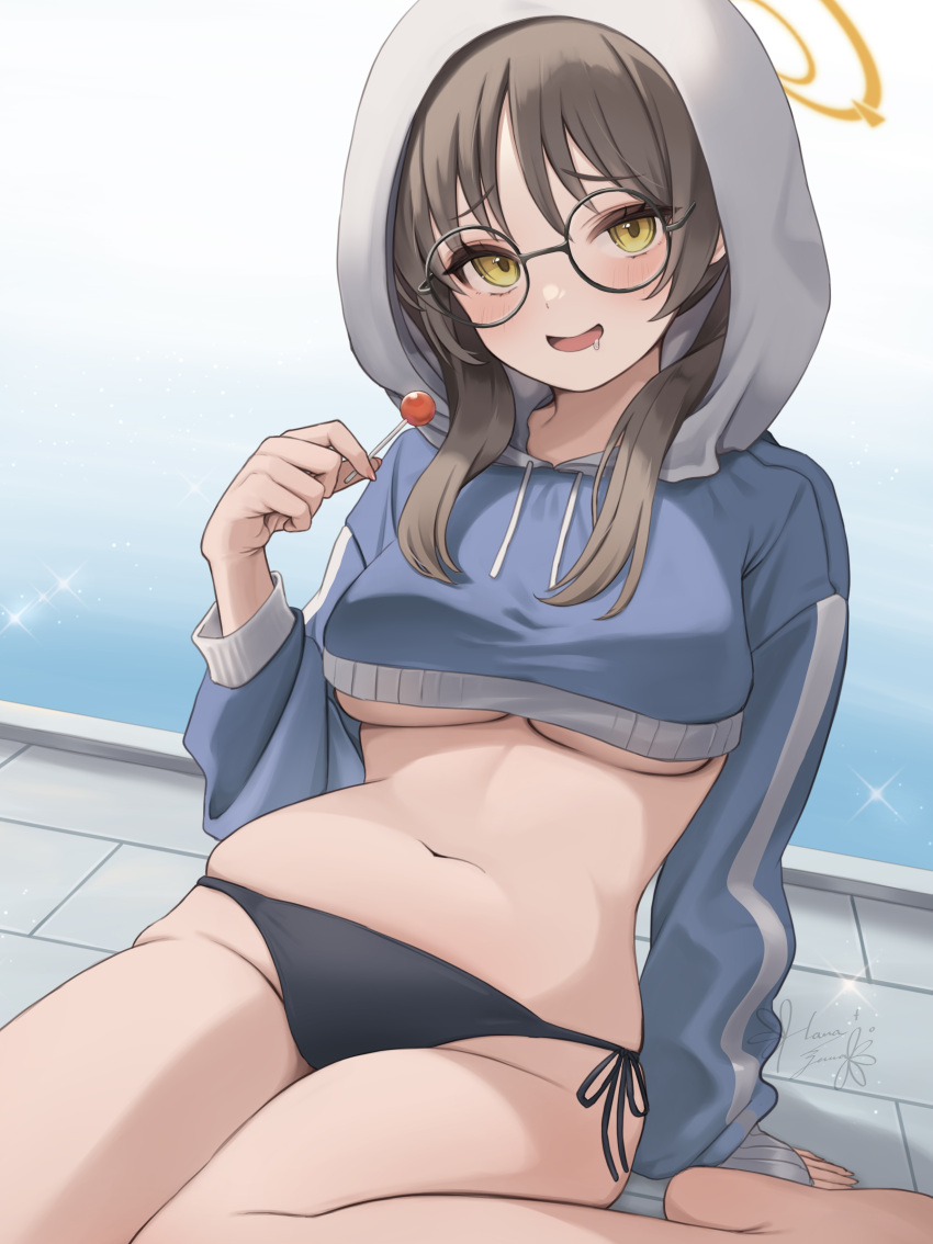 1girl absurdres barefoot bikini bikini_bottom_only black_bikini blue_archive blue_hoodie blush breasts brown_hair candy commentary_request cropped_hoodie drawstring food glasses halo hanazawa_ma highres holding holding_candy holding_food holding_lollipop hood hood_up hoodie large_breasts lollipop long_hair long_sleeves looking_at_viewer moe_(blue_archive) moe_(swimsuit)_(blue_archive) navel official_alternate_costume open_mouth round_eyewear saliva side-tie_bikini_bottom signature sitting solo swimsuit twintails underboob wariza yellow_eyes yellow_halo