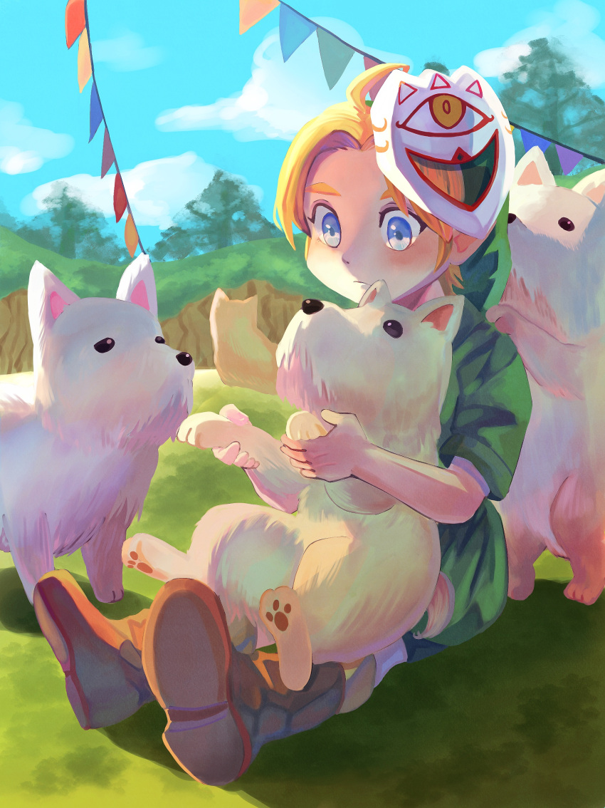 1boy absurdres animal blonde_hair blue_eyes boots brown_footwear closed_mouth dog green_headwear green_tunic highres holding holding_animal holding_dog link male_focus mask mask_of_truth mask_on_head nasagina outdoors scottish_terrier short_sleeves sitting solo string_of_flags the_legend_of_zelda the_legend_of_zelda:_majora's_mask white_dog young_link