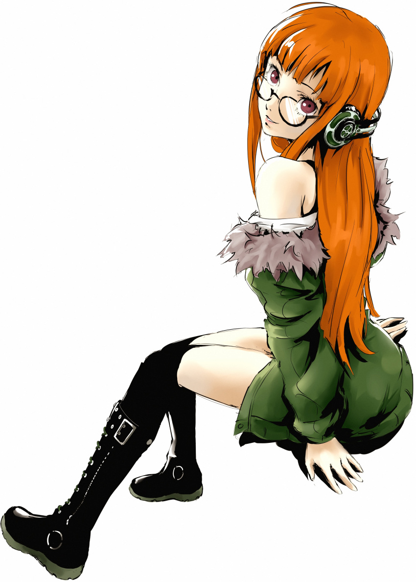 1girl absurdres bare_shoulders behind-the-head_headphones black_thighhighs boots brown_eyes from_side fur-trimmed_jacket fur_trim glasses green_jacket grin headphones highres invisible_chair jacket long_hair looking_at_viewer off_shoulder orange_hair ozkh persona persona_5 sakura_futaba simple_background sitting smile solo thighhighs thighs very_long_hair white_background