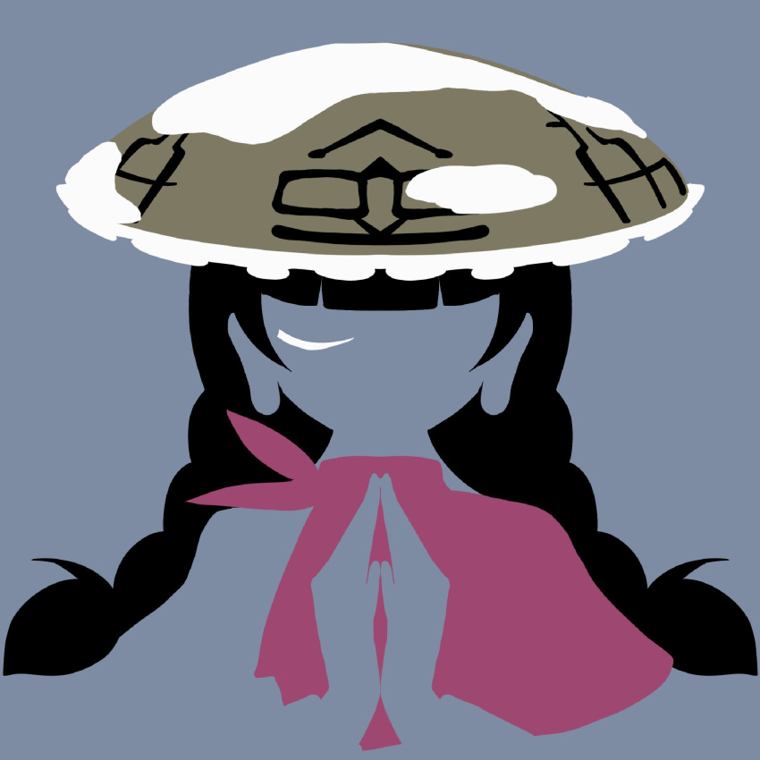 black_hair braid capelet closed_eyes highres limited_palette long_earlobes long_hair long_sleeves maskin_mei minimalism one_eye_closed own_hands_together pilgrim_hat praying red_capelet sleeves_past_wrists snow snow_on_headwear touhou twin_braids yatadera_narumi