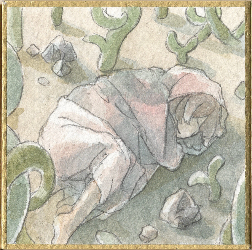 1girl barefoot border brown_hair cloak closed_eyes commentary_request day desert fetal_position full_body head_down highres koto_(patina375887) lying madotsuki on_ground on_side outdoors painting_(medium) photo-referenced plant red_cloak rock sand shadow sidelighting sleeping solo traditional_media watercolor_(medium) yellow_border yume_nikki