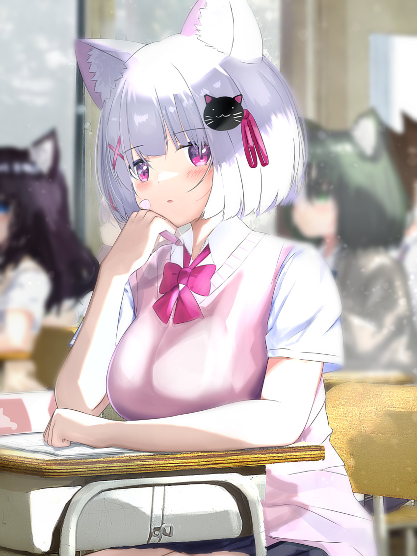 4girls animal_ear_fluff animal_ears ashitaba_kemo bandaid bandaid_on_cheek bandaid_on_face black_hair blue_eyes blurry blurry_background blush bow breasts cat_ears cat_hair_ornament chair collared_shirt commentary_request depth_of_field desk green_eyes green_hair grey_hair hair_ornament hair_ribbon hairclip highres indoors medium_breasts multiple_girls on_chair original parted_lips pencil_case pink_ribbon purple_bow purple_eyes ribbon school_chair school_desk school_uniform shirt short_sleeves solo_focus sweater_vest white_shirt x_hair_ornament