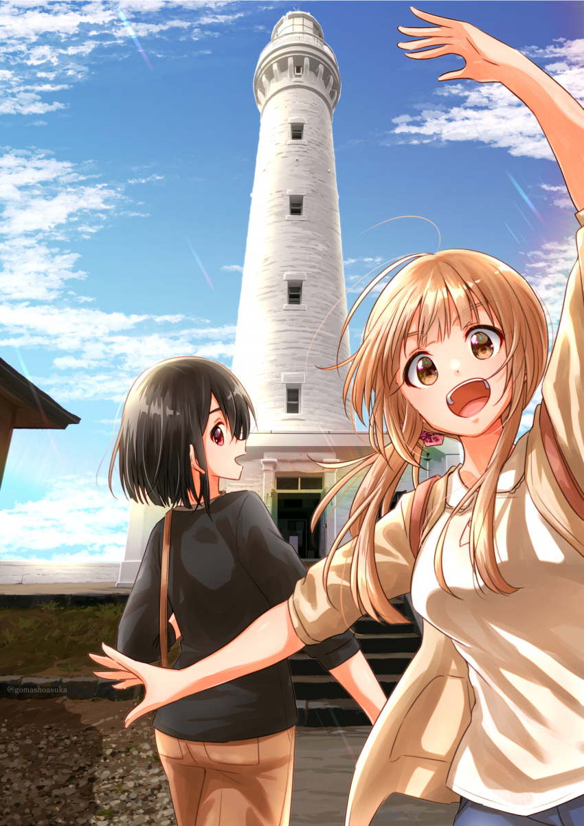 2girls :o arm_up artist_name black_shirt blue_sky breasts brown_eyes brown_hair brown_pants cloud day gomasho_asuka hair_between_eyes highres jacket lighthouse long_hair looking_back medium_breasts medium_hair multiple_girls open_clothes open_jacket original outdoors pants shirt sky standing white_shirt