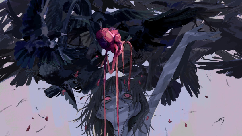 1girl arm_up bird black_hair blood colored_skin crow eating empty_eyes end80236189 falling_feathers flock grey_skin grin heart_(organ) highres long_hair looking_up multicolored_skin original pink_eyes portrait sanpaku short_hair smile solo stitched_face stitches topless veins zombie