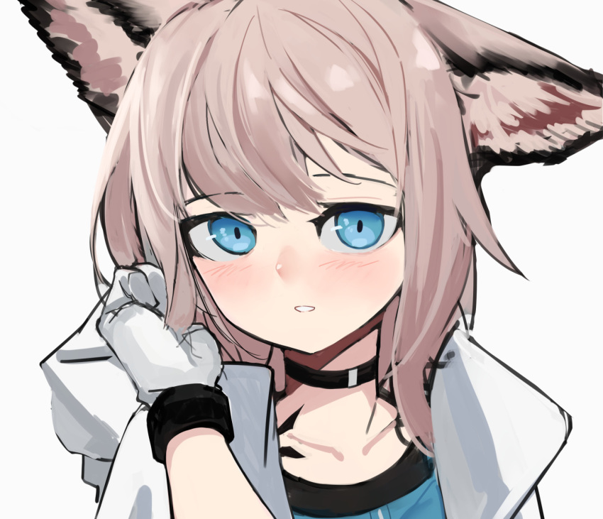 1girl animal_ears ao_oni_(onioni-aoi) arknights black_choker blue_eyes blush brown_hair choker close-up commentary ear_down fox_ears fox_girl gloves hand_in_own_hair hand_on_own_ear hand_up highres hood hood_down hooded_jacket infection_monitor_(arknights) jacket looking_at_viewer medium_hair open_clothes open_jacket oripathy_lesion_(arknights) parted_lips portrait simple_background solo split_mouth sussurro_(arknights) unfinished white_background white_gloves white_jacket