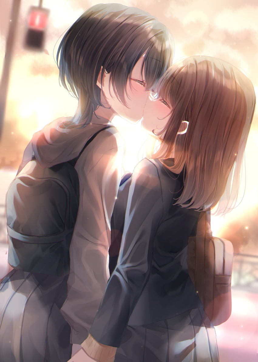 2girls absurdres backpack bag black_hair blurry blush brown_bag brown_hair closed_eyes commentary cowboy_shot depth_of_field from_behind grey_hoodie highres holding_hands hood hoodie kiss long_hair long_sleeves medium_hair multiple_girls original outdoors pleated_skirt school_uniform shoulder_bag sidelocks skirt touki_matsuri traffic_light wolf_cut yuri