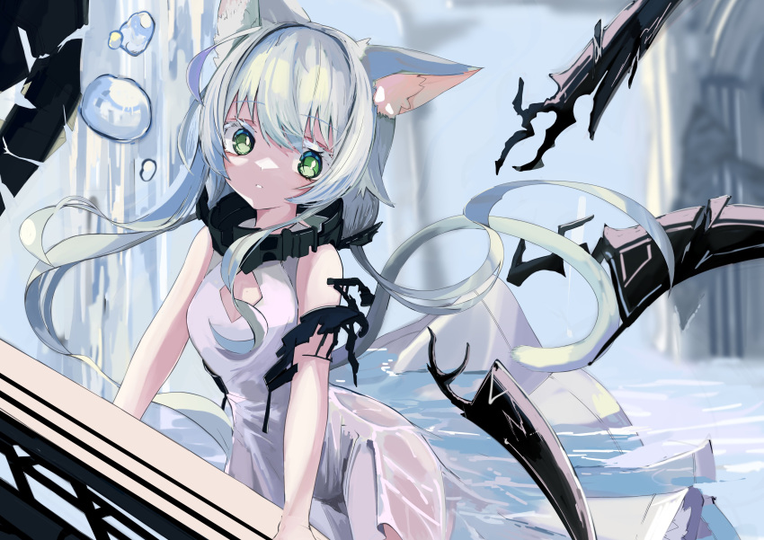 1girl absurdres animal_ear_fluff animal_ears aqa arknights cat_ears cat_girl dress expressionless floating floating_object floating_weapon green_eyes highres long_hair looking_at_viewer official_alternate_costume parted_lips rosmontis_(arknights) rosmontis_(become_anew)_(arknights) see-through sleeveless sleeveless_dress solo wet wet_clothes wet_dress white_dress white_hair