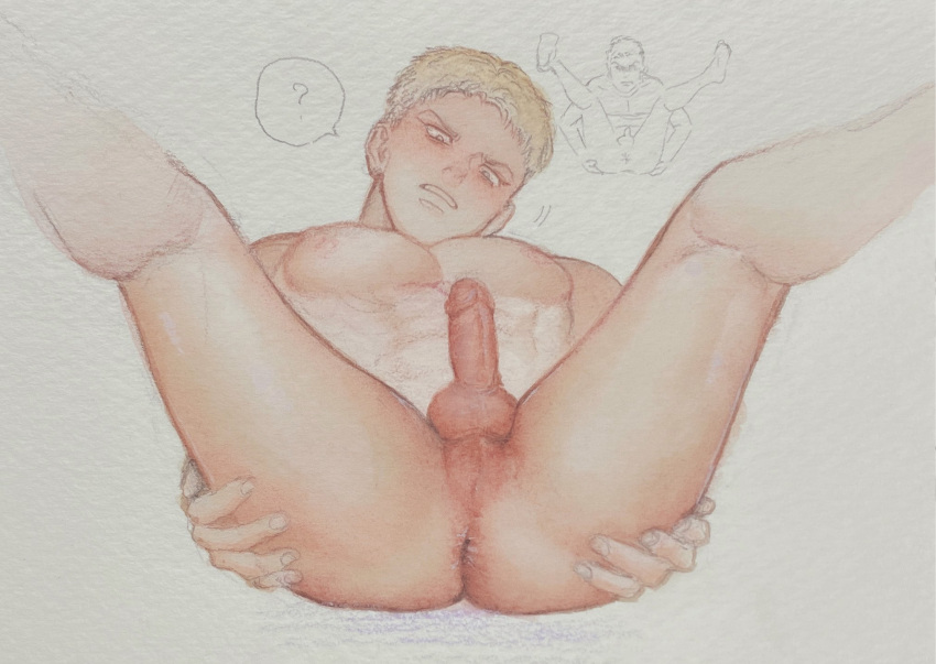 1boy ? ass bara blonde_hair colored_pencil_(medium) completely_nude cropped_legs derivative_work doodle_inset erection highres kf2impossible male_focus motion_lines nipples nude pectorals penis photo_(medium) presenting presenting_ass reference_inset reiner_braun shingeki_no_kyojin short_hair small_penis solo spoken_question_mark spread_ass toned toned_male traditional_media uncensored