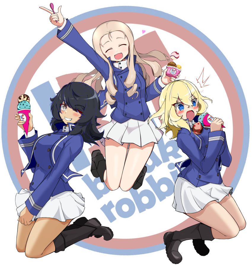 3girls :d ^^^ absurdres andou_(girls_und_panzer) arm_up backlighting baskin-robbins bc_freedom_military_uniform black_eyes black_footwear black_hair blonde_hair blue_eyes blue_jacket blue_vest blush boots closed_eyes commentary cup dark-skinned_female dark_skin dress_shirt drill_hair facing_viewer floating food frown full_body girls_und_panzer green_eyes grin hair_over_one_eye heart high_collar highres holding holding_food holding_spoon ice_cream ice_cream_cone jacket knee_boots legs_up logo_parody long_hair long_sleeves looking_at_viewer marie_(girls_und_panzer) medium_hair messy_hair military military_uniform miniskirt multiple_girls open_mouth oshida_(girls_und_panzer) pleated_skirt shibainutank shirt simple_background skirt smile spill spoon sweatdrop uniform vest white_background white_shirt white_skirt