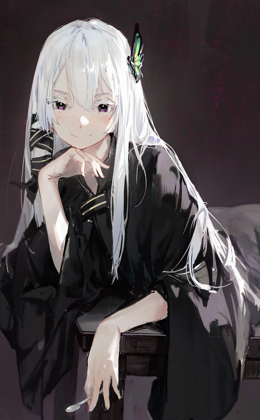 1girl black_background black_capelet black_dress black_jacket blush bug butterfly butterfly_hair_ornament capelet closed_mouth collarbone colored_eyelashes commentary dino_(dinoartforame) dress echidna_(re:zero) green_butterfly hair_between_eyes hair_ornament hair_ribbon hand_on_own_chin head_rest highres holding holding_spoon jacket long_hair long_sleeves looking_at_viewer lying on_stomach on_table open_clothes open_jacket purple_eyes re:zero_kara_hajimeru_isekai_seikatsu ribbon sidelocks simple_background smile solo spoon table upper_body white_hair