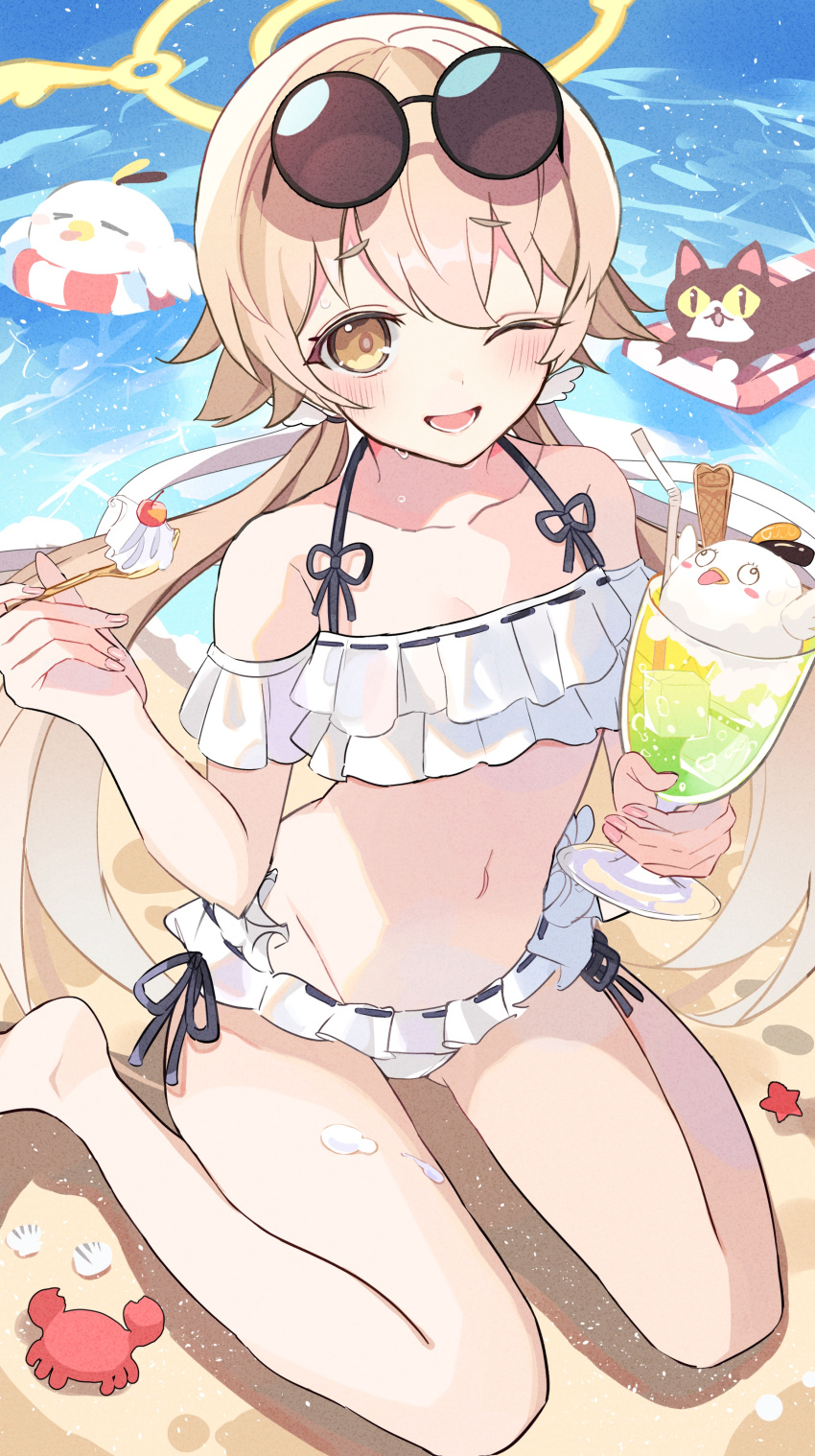 1girl absurdres barefoot beach bikini black_cat blue_archive blush cat commentary_request crab cup day eyewear_on_head flat_chest frilled_bikini frills hair_flaps halo halterneck hifumi_(blue_archive) hifumi_(swimsuit)_(blue_archive) highres holding holding_cup holding_spoon innertube light_brown_hair long_hair looking_at_viewer low_twintails ocean off-shoulder_bikini off_shoulder official_alternate_costume one_eye_closed open_mouth outdoors peroro_(blue_archive) ribbon-trimmed_bikini round_eyewear side-tie_bikini_bottom sitting smile solo spoon sweat swimsuit twintails utakapen very_long_hair wariza white_bikini yellow_eyes yellow_halo
