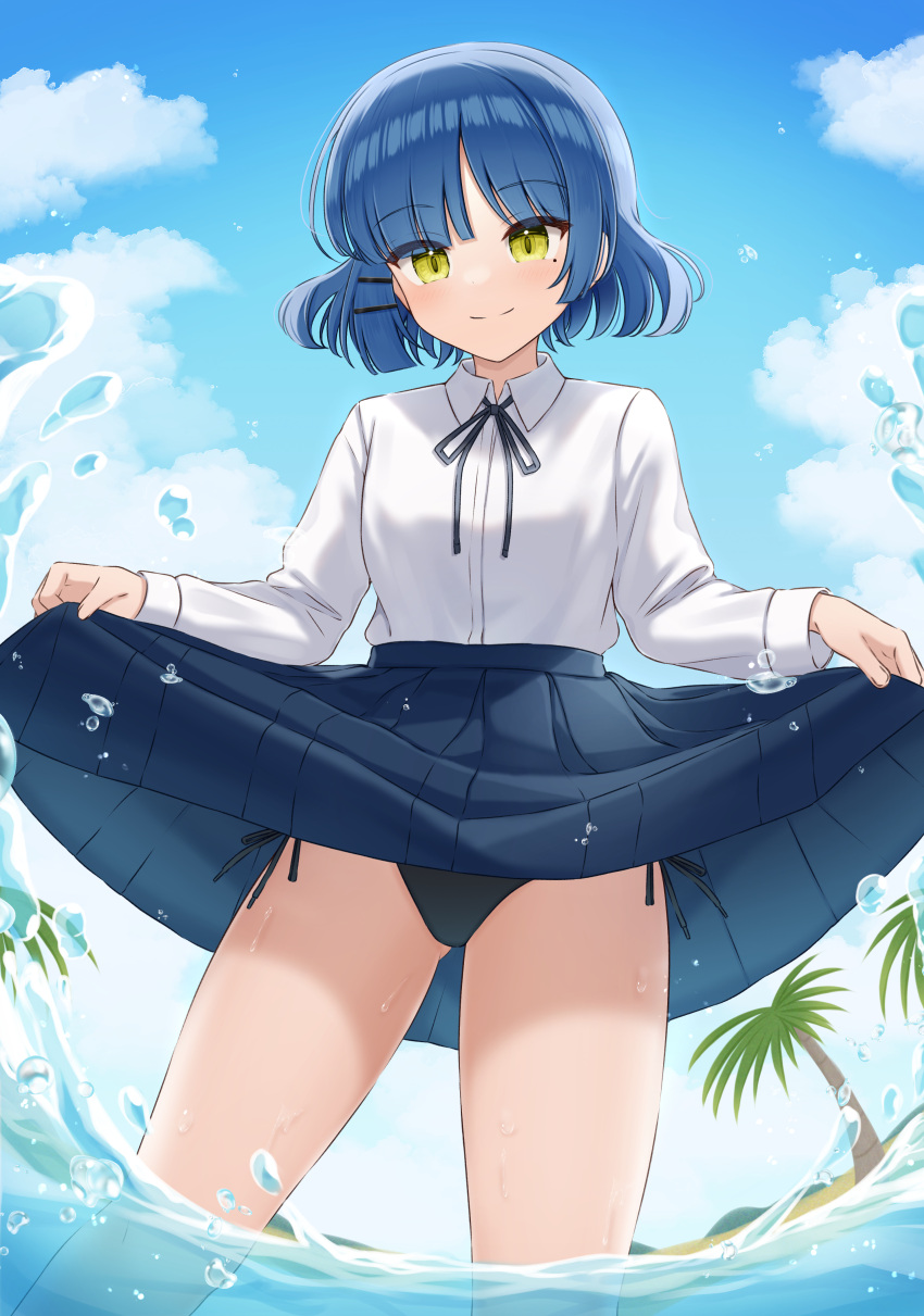 1girl absurdres ass_visible_through_thighs black_panties black_ribbon blue_hair blue_skirt blue_sky bocchi_the_rock! breasts closed_mouth clothes_lift cloud collared_shirt commentary_request day dress_shirt green_eyes hair_ornament hairclip highres lifted_by_self long_sleeves looking_at_viewer mole mole_under_eye neck_ribbon outdoors palm_tree panties pleated_skirt ribbon shirt side-tie_panties skirt skirt_lift sky small_breasts smile standing tree underwear wading water white_shirt yamada_ryo yukiunag1