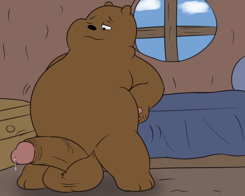 anthro balls bear bed bedroom big_balls big_penis bodily_fluids brown_bear camp14 cartoon_network chubby_anthro chubby_male furniture genital_fluids genitals grizzly_(wbb) grizzly_bear hi_res humanoid_genitalia humanoid_penis male mammal penis precum solo ursine we_bare_bears window