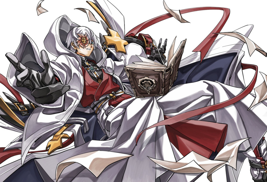 1boy asuka_r._kreutz black_gloves blue_eyes book cross detached_cape dong_hole gloves grimoire guilty_gear guilty_gear_strive hair_between_eyes highres hood hood_up one_eye_covered open_book pants paper robe short_hair solo white_hair white_pants white_robe wide_sleeves