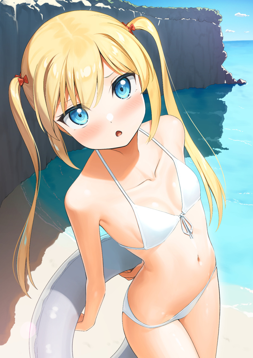 1girl apollo_(hu_maple) bare_shoulders beach bikini blonde_hair blue_eyes blush bow breasts check_commentary collarbone commentary_request front-tie_bikini_top front-tie_top hair_bow hair_ornament highres holding holding_behind_back holding_innertube innertube looking_at_viewer navel open_mouth original outdoors sidelocks small_breasts solo stomach swimsuit twintails white_bikini